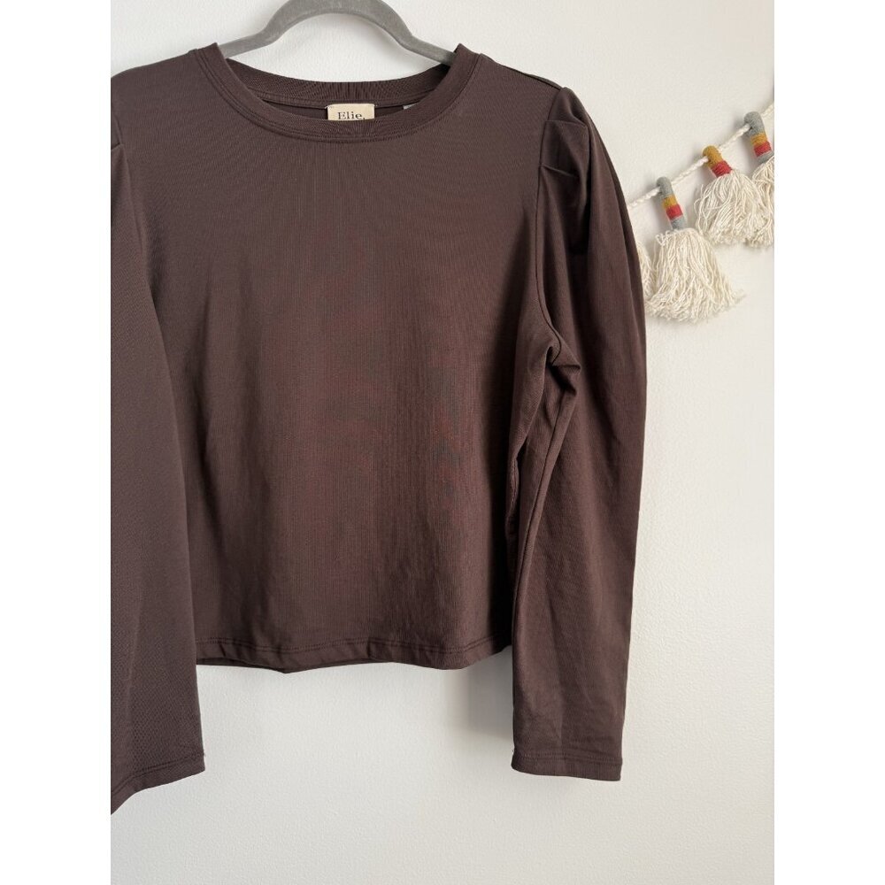 Elie Tahari 100% Cotton Brown Puff Sleeve Boxy Top Basics Minimalist Neutral XL - Picture 4 of 9